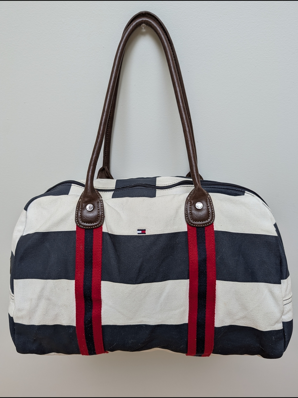 Tommy Hilfiger Navy & White Striped Duffel Bag with Red Accent